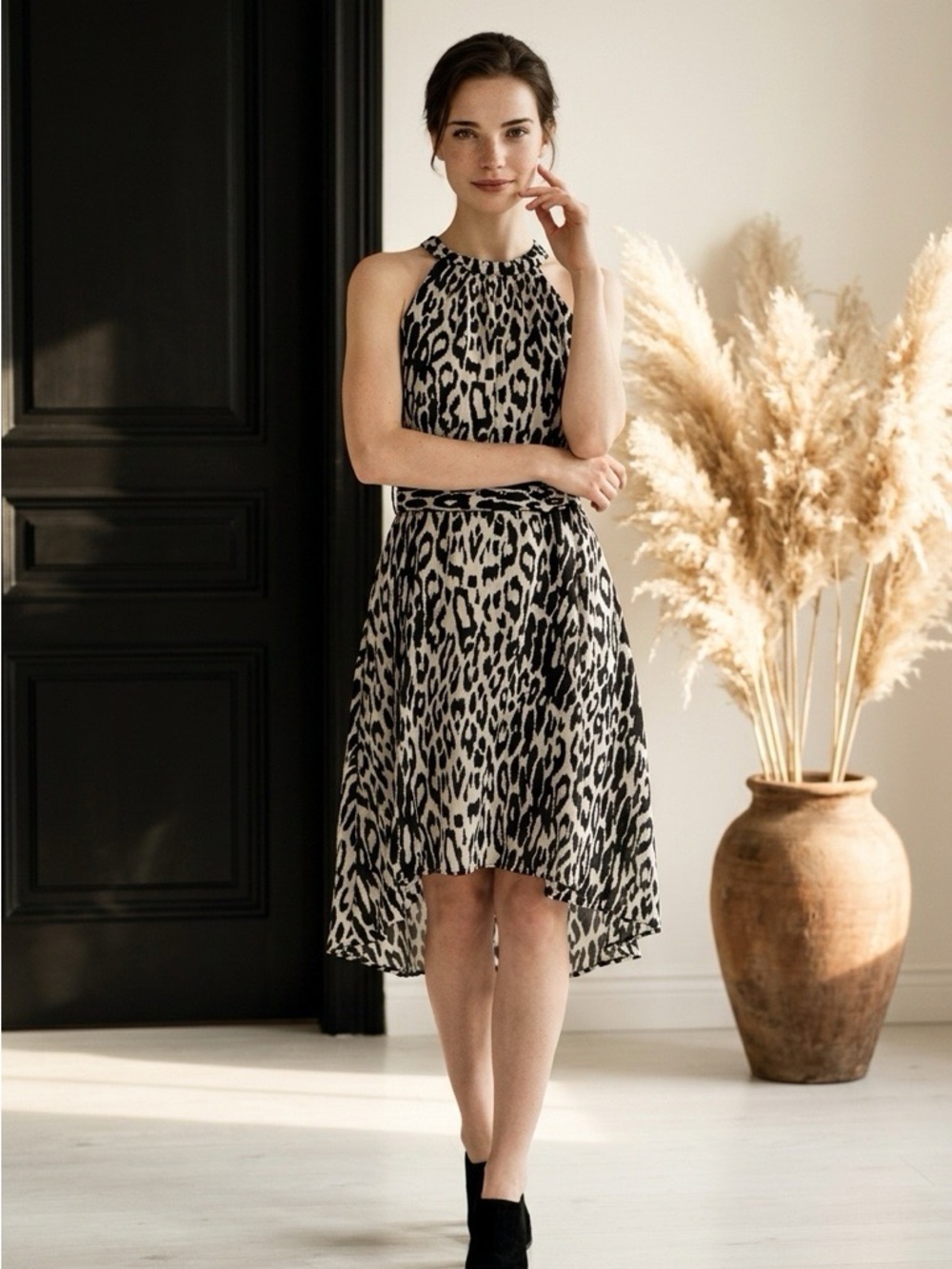 Miss Avenue Black and White Leopard Halter High-Low Dress